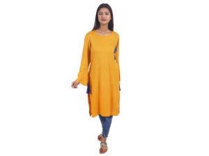 Womens Rayon Plain Fit Flare A-line Yellow Kurti