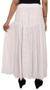 Women Rayon Corchet Work Tassel Decorated Long White Regular Skirt