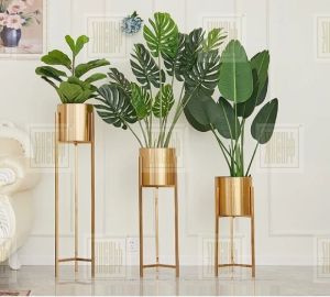 Metal Planters With Stand Set Of 3 Gold