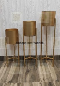 Metal Planters With Stand Set Of 3 Gold