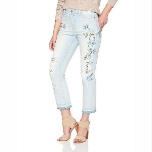 Denim Bloom Womens High Rise Cropped Jeans with Straight Leg and Embroidery