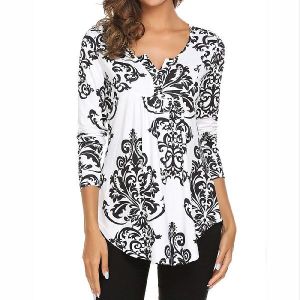 womens printed long sleeve v neck pleated casual flare tunic
