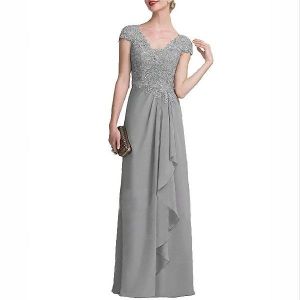 Womens V Neck Lace Apllique Chiffon Cap Sleeves Mother of The Bride Prom Dress Long
