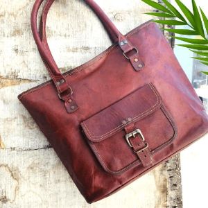 1013 Handcrafted Leather Womens with pocket Tote Bag