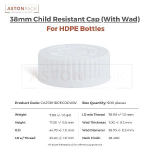 38mm Child Resistant Caps (CRC) w/ Wads (For HDPE Bottles)