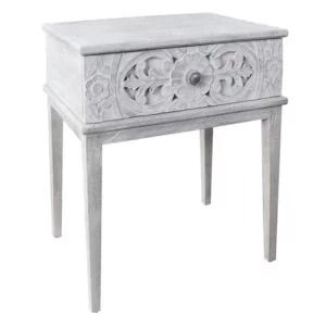 Hand Carved Whitewash Finish Design Side Table