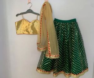 Green Golden Kids Lehenga Choli