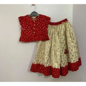 Kids Red White Printed Ghagra Choli Set