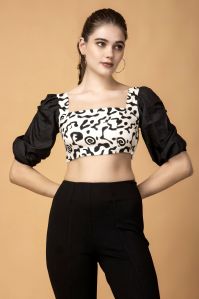 Ladies Black Printed Crop Top