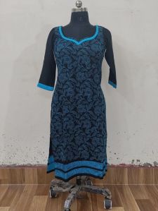 Black Blue Cotton Embroidered Kurti