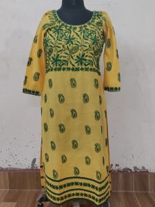Yellow Cotton Embroidered Kurti