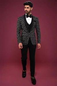 BLACK AND WHITE EMBROIDERED VELVET TUXEDO SUIT