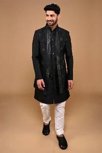 BLACK LONG OPEN JACKET KURTA WITH MIRROR WORK