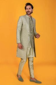 GREEN OPEN JACKET INDOWESTERN WITH MIRROR WORK