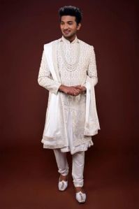 TRADITIONAL CREAM HANDWORK ANARKALI SHERWANI WITH DUPATA