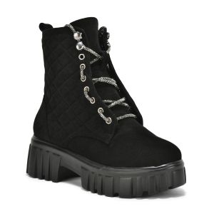 Ladies Black Embellished Lace-up Boots