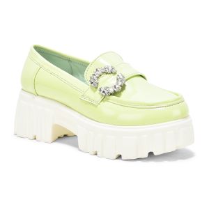 Ladies Lime Green Embellished Chunky Loafer Shoes
