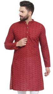 Red Cotton Mens Lucknowi Chikankari Kurta