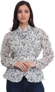 Casual Full Sleeves Printed Women Blue Print Top