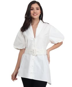 casual half puff sleeves solid women white top
