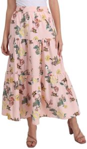 Women Flower Printed Pleated Pink Skirts