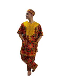 AFRICAN PRINT MAN KURTA, PAJAMA AND TOPI