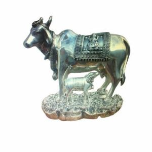 Silver Kamdhenu Cow and Calf Statue