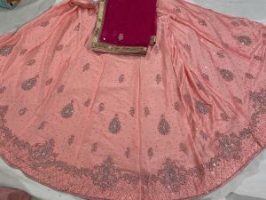 Ladies Peach Rangoli Silk Contrast Dupatta Lehenga Set