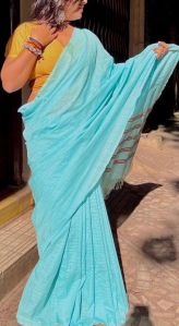 Pastel Blue Mercerised Cotton Zari Saree
