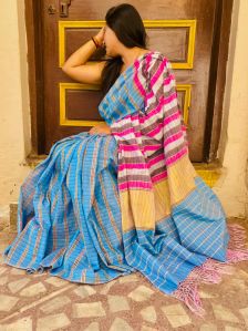 Stripes Pattern Mercerised Cotton Zari Saree