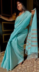 Pastel Blue Mercerised Cotton Zari Saree