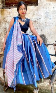Blue Dual Tone Mercerised Cotton Saree