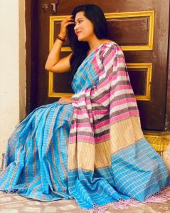 Stripes Pattern Mercerised Cotton Zari Saree