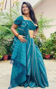 Teal Blue Mercerised Cotton Zari Saree