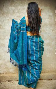 Teal Blue Mercerised Cotton Zari Saree
