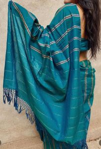 Teal Blue Mercerised Cotton Zari Saree