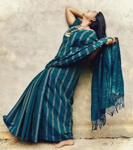 Teal Blue Mercerised Cotton Zari Saree