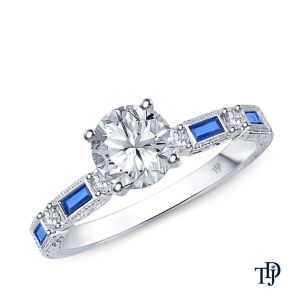 Baguette Sapphire And Round Diamond Accents Ring With Center Diamond
