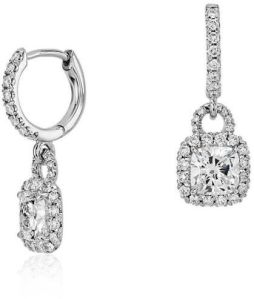 Cushion Cut Halo Diamond Dangle Earrings