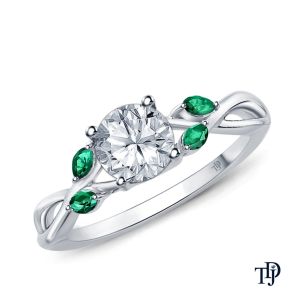 Marquise Green Emerald Accents - Leaves And Vine Style Engagement Ring With Center Diamond