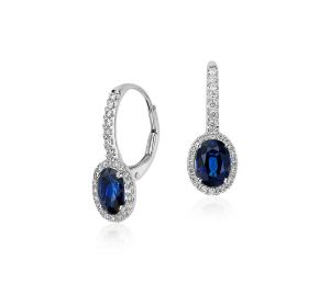 Oval Blue Sapphire And Diamond Halo Drop Dangle Earrings