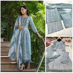 Pure Rayon cotton printed nyra cut kurti pant with dupatta set