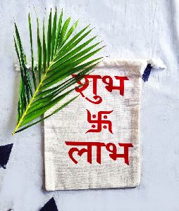 Canvas white potli pouches for return gifts with Shubh Labh Swastik Print gift Potli bags for wedd