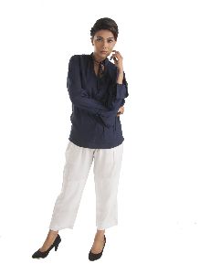 Drawstring Cuffs and Neck Tie Navy Blue Bamboo Top