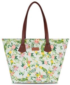 Chipmank Fancy Designer Large Canvas Tote Bag (White and Green Floral Print)