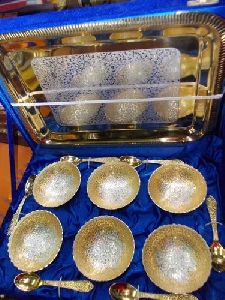 Gold Plated Tray With 6 Bowls and 6 Spoon Set