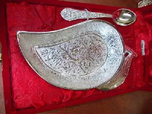 Silver Plated Mango Shaped Plate with Spoon