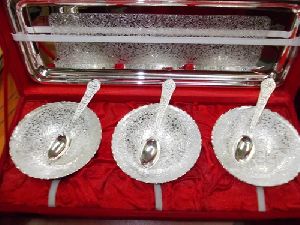 Silver Plated Tray with 3 Bowl and 3 Spoon Set