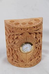 Wooden Carving Pine Wood Watch With Pen Holder