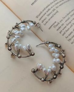 Silver Toned Pearl Hoop Earrings